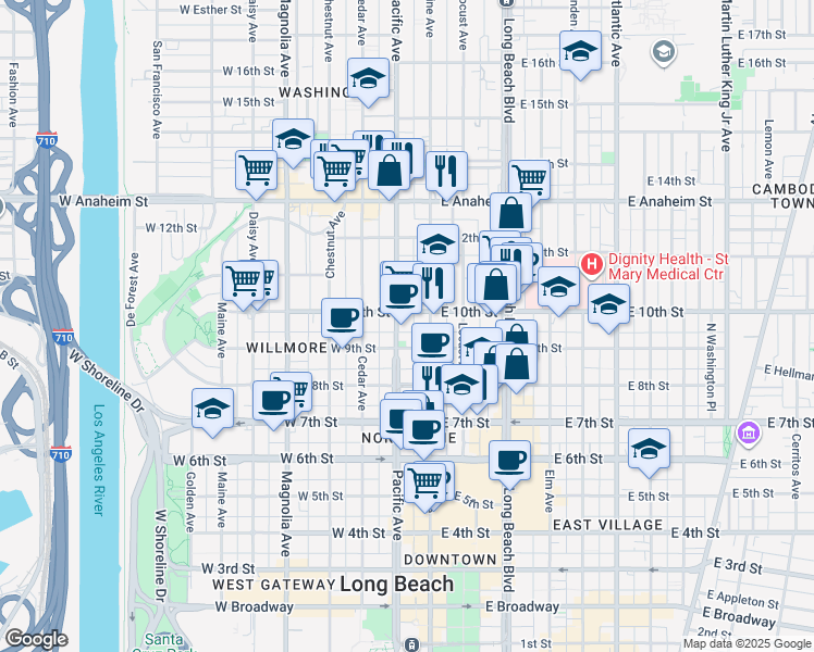 map of restaurants, bars, coffee shops, grocery stores, and more near 939 Pacific Avenue in Long Beach