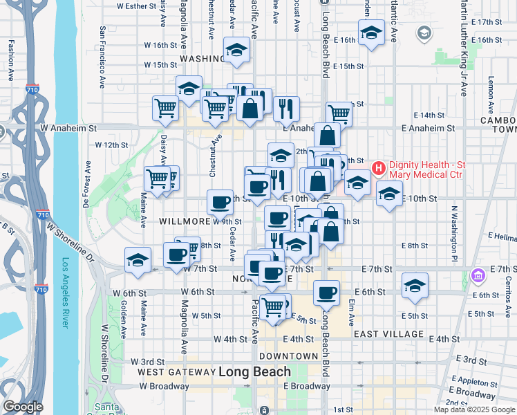 map of restaurants, bars, coffee shops, grocery stores, and more near 939 Pacific Avenue in Long Beach