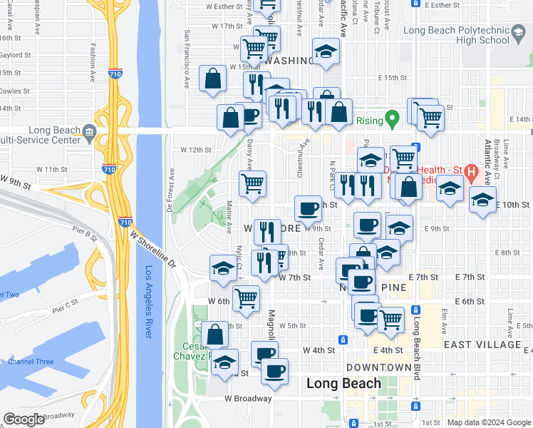 map of restaurants, bars, coffee shops, grocery stores, and more near 937 Magnolia Avenue in Long Beach