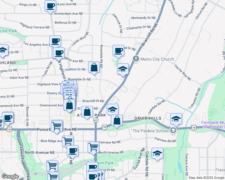 map of restaurants, bars, coffee shops, grocery stores, and more near 872 Briarcliff Road Northeast in Atlanta