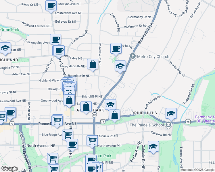 map of restaurants, bars, coffee shops, grocery stores, and more near 872 Briarcliff Road Northeast in Atlanta