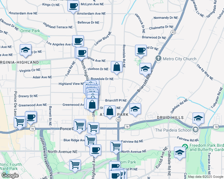 map of restaurants, bars, coffee shops, grocery stores, and more near 1165 Briarcliff Court Northeast in Atlanta