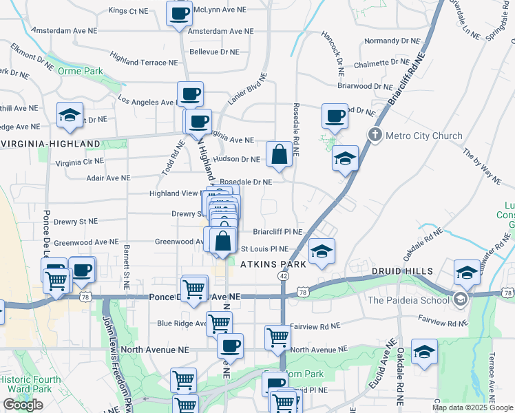 map of restaurants, bars, coffee shops, grocery stores, and more near 875 Arlington Place Northeast in Atlanta