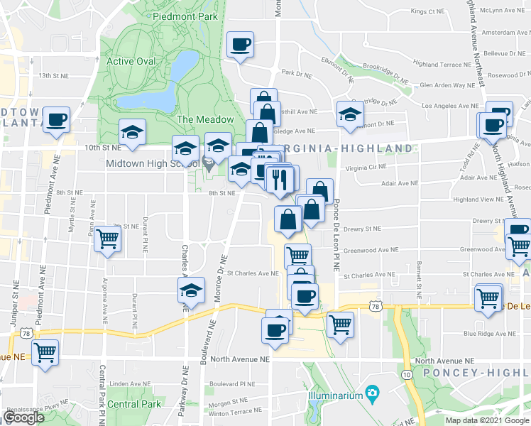map of restaurants, bars, coffee shops, grocery stores, and more near 873 Monroe Circle Northeast in Atlanta