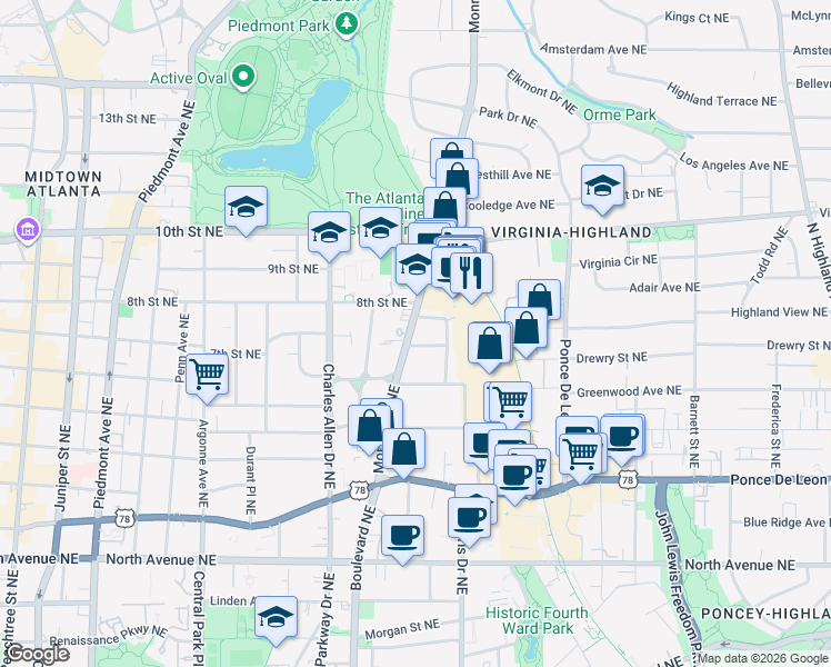 map of restaurants, bars, coffee shops, grocery stores, and more near 877 Monroe Drive Northeast in Atlanta