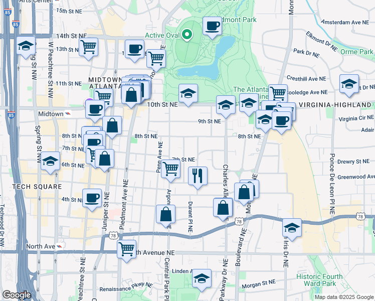 map of restaurants, bars, coffee shops, grocery stores, and more near 870 Glendale Terrace Northeast in Atlanta