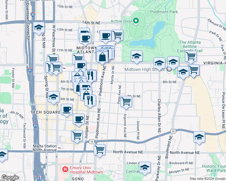 map of restaurants, bars, coffee shops, grocery stores, and more near 875 Myrtle Street Northeast in Atlanta