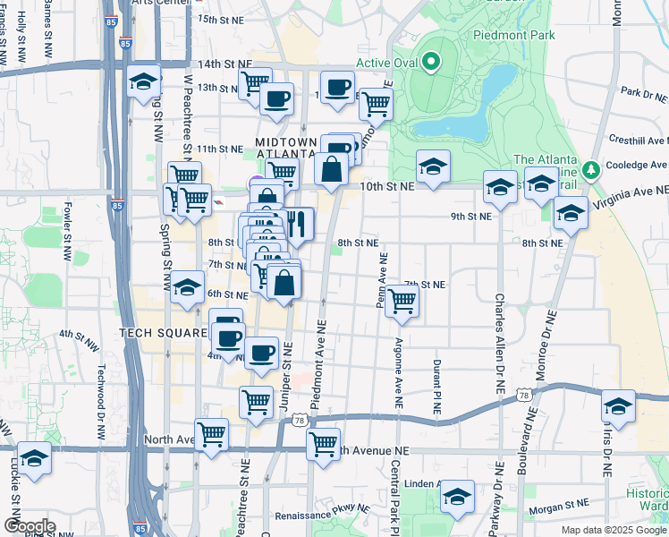 map of restaurants, bars, coffee shops, grocery stores, and more near 875 Piedmont Avenue Northeast in Atlanta