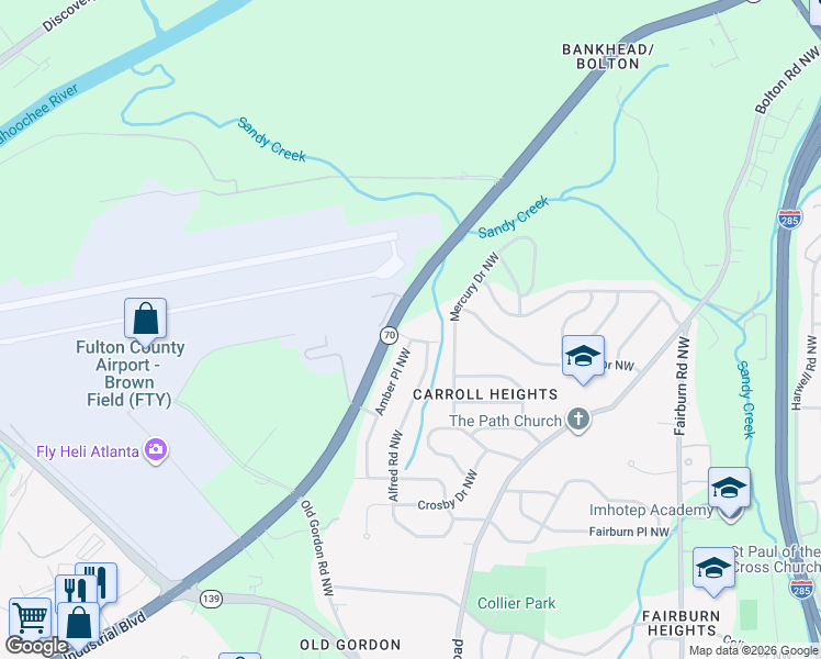 map of restaurants, bars, coffee shops, grocery stores, and more near 3743 Amber Road Northwest in Atlanta
