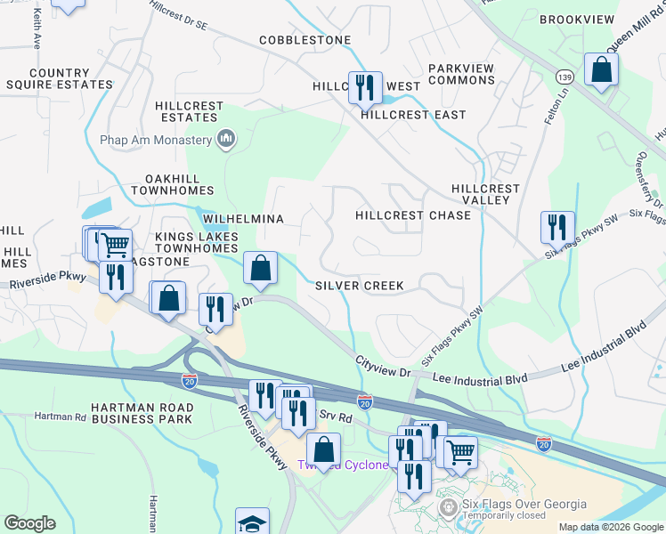 map of restaurants, bars, coffee shops, grocery stores, and more near 7141 Silver Mine Crossing Southeast in Austell