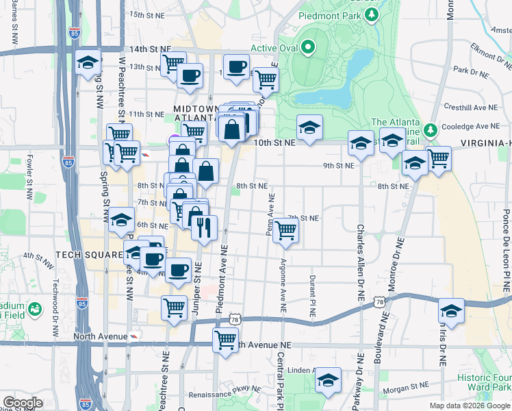 map of restaurants, bars, coffee shops, grocery stores, and more near 875 Myrtle Street Northeast in Atlanta