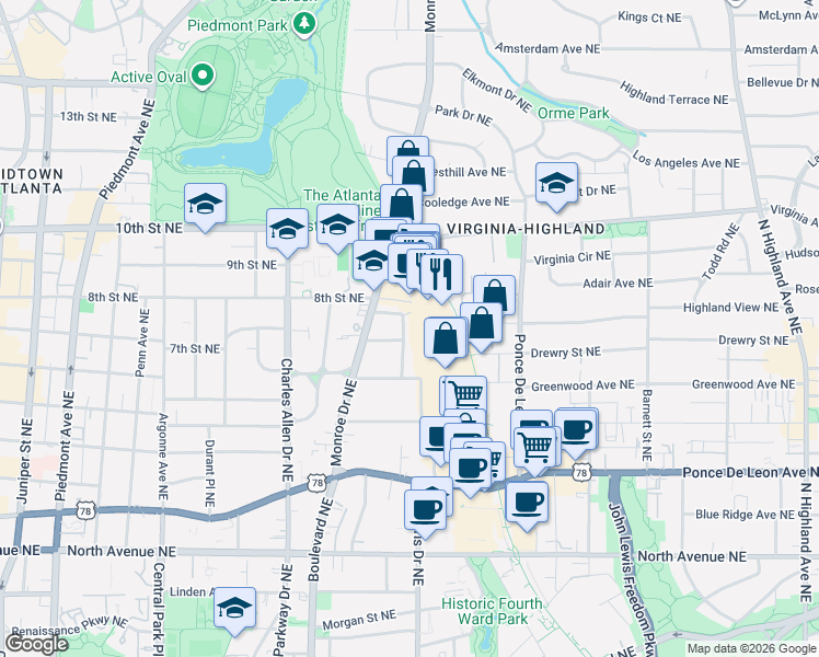 map of restaurants, bars, coffee shops, grocery stores, and more near 931 Monroe Drive Northeast in Atlanta