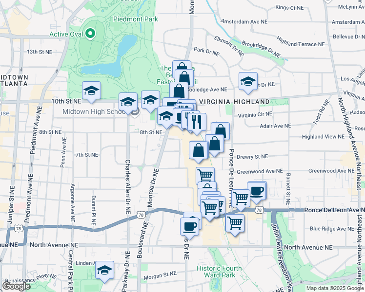 map of restaurants, bars, coffee shops, grocery stores, and more near 873 Monroe Circle Northeast in Atlanta