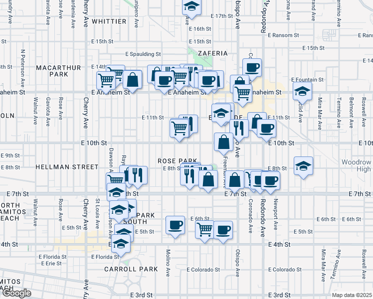 map of restaurants, bars, coffee shops, grocery stores, and more near 921 Temple Avenue in Long Beach