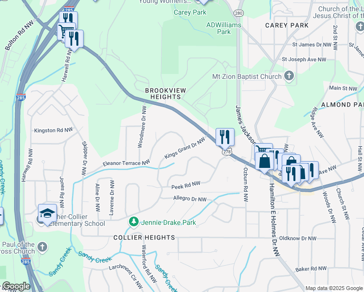map of restaurants, bars, coffee shops, grocery stores, and more near 906 Kings Grant Drive Northwest in Atlanta
