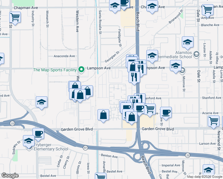 map of restaurants, bars, coffee shops, grocery stores, and more near 12620 Briarglen Loop in Stanton
