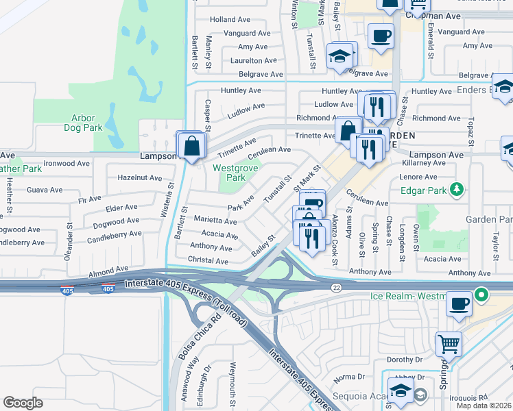 map of restaurants, bars, coffee shops, grocery stores, and more near 5404 Park Avenue in Garden Grove