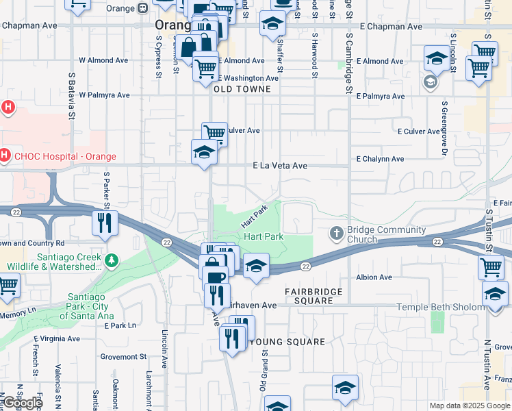 map of restaurants, bars, coffee shops, grocery stores, and more near 340 East River Avenue in Orange