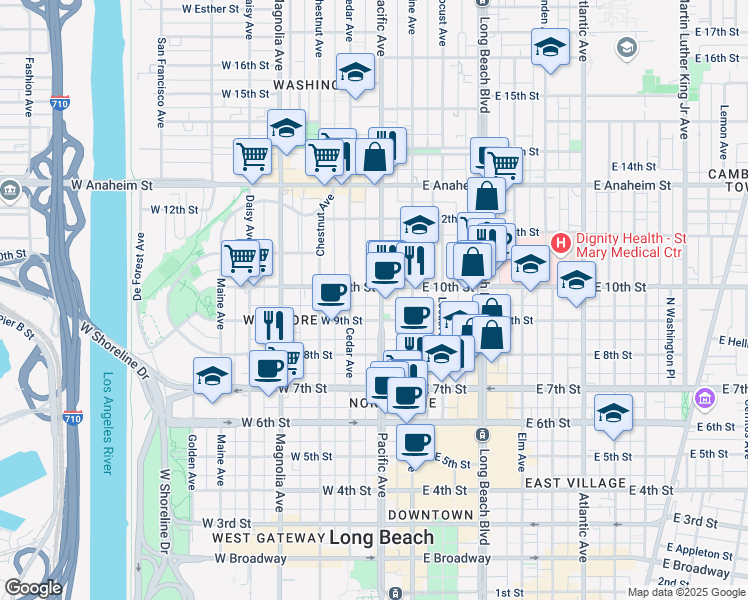 map of restaurants, bars, coffee shops, grocery stores, and more near 939 Pacific Avenue in Long Beach