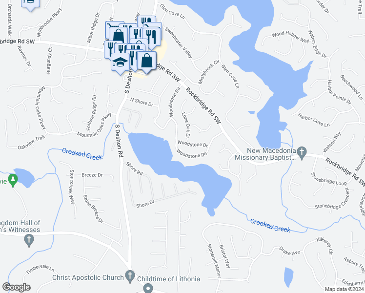 map of restaurants, bars, coffee shops, grocery stores, and more near 7123 Woodstone Drive in Lithonia