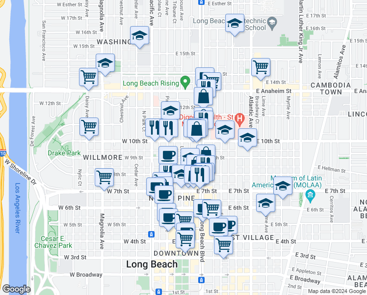 map of restaurants, bars, coffee shops, grocery stores, and more near 946 Locust Avenue in Long Beach