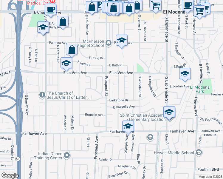 map of restaurants, bars, coffee shops, grocery stores, and more near 12621 Shasta Way in Santa Ana