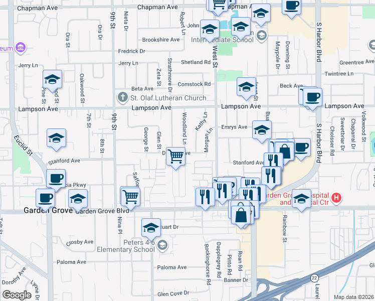 map of restaurants, bars, coffee shops, grocery stores, and more near 12702 Woodland Lane in Garden Grove