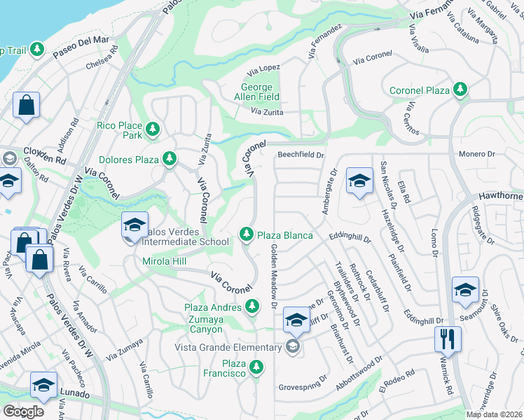 map of restaurants, bars, coffee shops, grocery stores, and more near 1468 Vía Coronel in Palos Verdes Estates