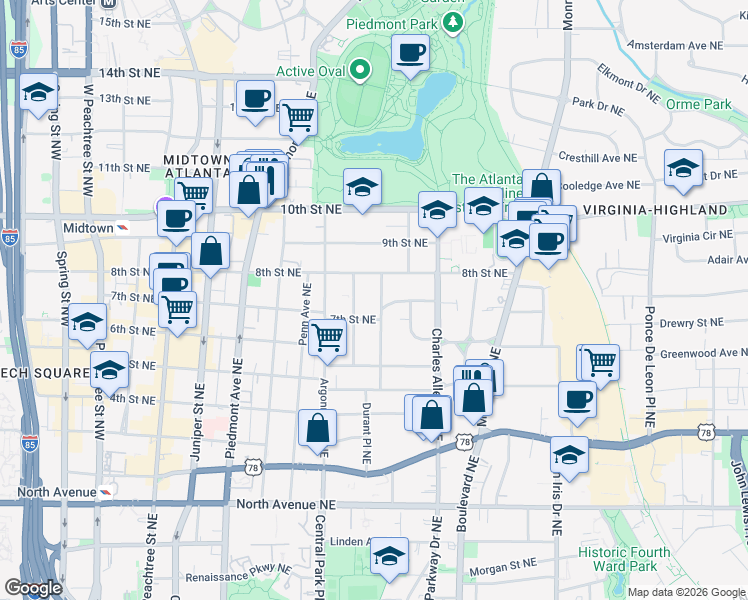 map of restaurants, bars, coffee shops, grocery stores, and more near 876 Durant Place Northeast in Atlanta