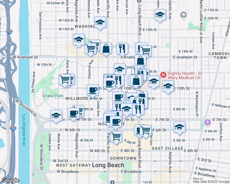 map of restaurants, bars, coffee shops, grocery stores, and more near 937 Pine Avenue in Long Beach