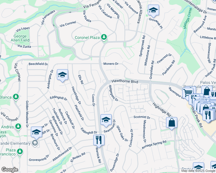 map of restaurants, bars, coffee shops, grocery stores, and more near 28207 Ridgethorne Court in Rancho Palos Verdes