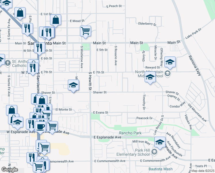 map of restaurants, bars, coffee shops, grocery stores, and more near 654 Kesha Court in San Jacinto