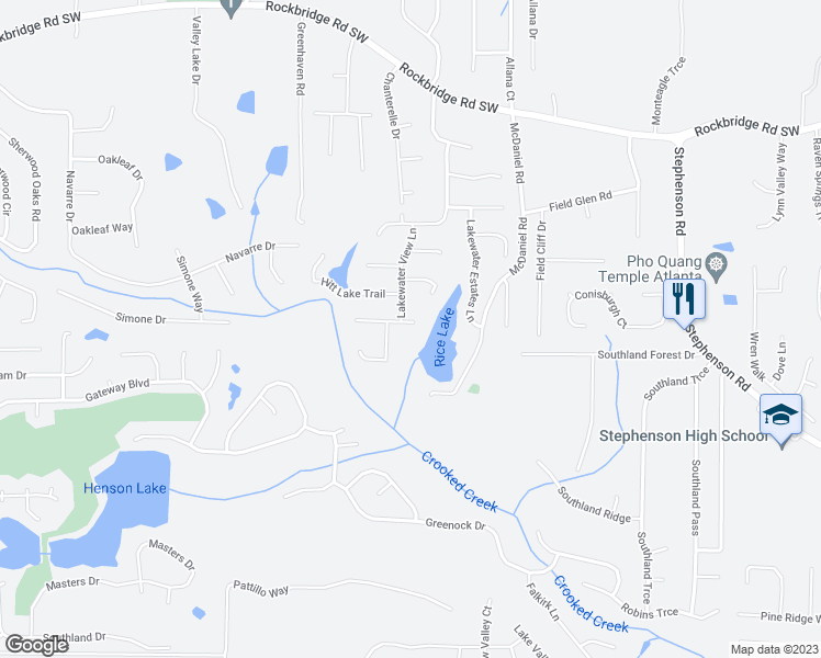 map of restaurants, bars, coffee shops, grocery stores, and more near 6083 Pomerania Court in Stone Mountain