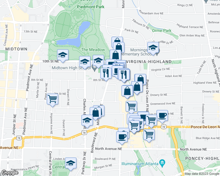 map of restaurants, bars, coffee shops, grocery stores, and more near 877 Monroe Drive Northeast in Atlanta