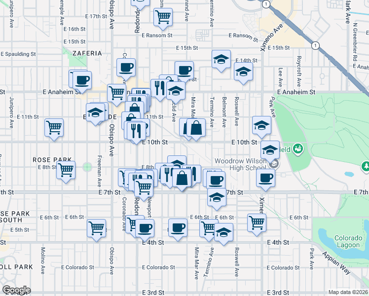 map of restaurants, bars, coffee shops, grocery stores, and more near 927 Grand Avenue in Long Beach