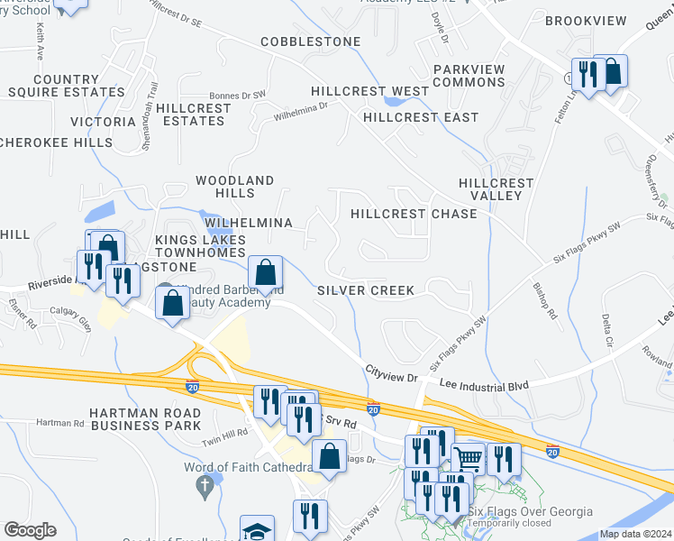 map of restaurants, bars, coffee shops, grocery stores, and more near 7141 Silver Mine Crossing Southeast in Austell