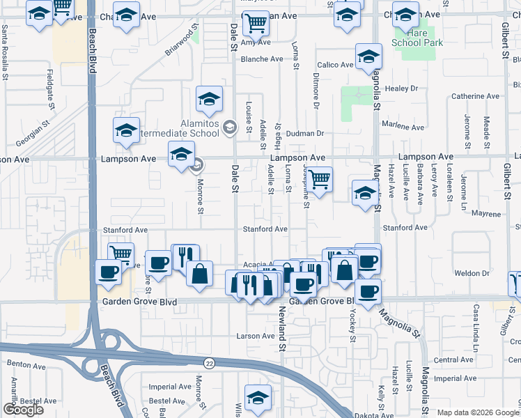 map of restaurants, bars, coffee shops, grocery stores, and more near 12652 Louise Lane in Garden Grove