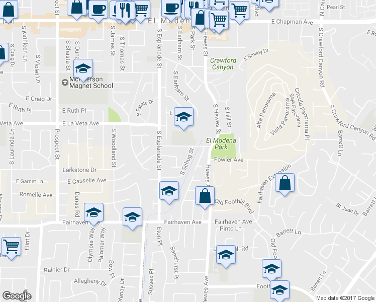map of restaurants, bars, coffee shops, grocery stores, and more near 620 South Schug Street in Orange