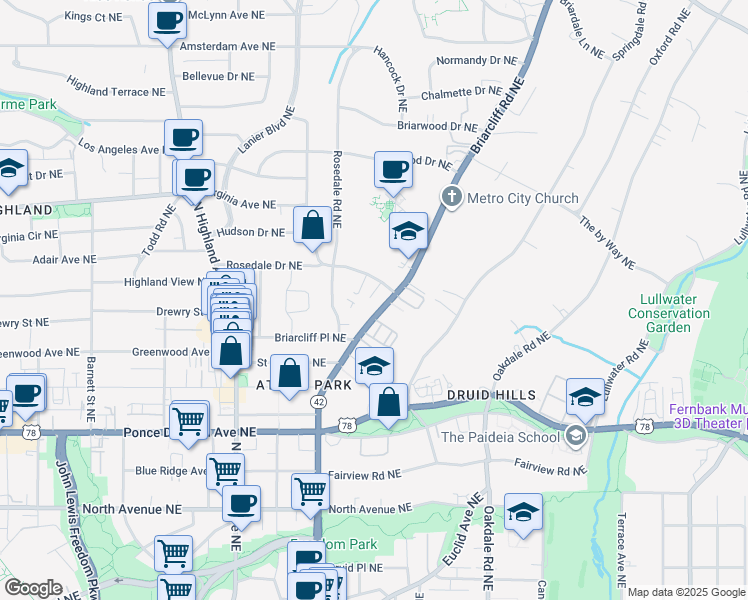 map of restaurants, bars, coffee shops, grocery stores, and more near 872 Briarcliff Road Northeast in Atlanta