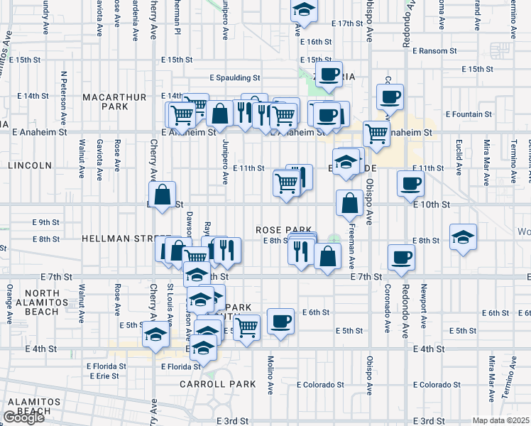 map of restaurants, bars, coffee shops, grocery stores, and more near 922 Molino Avenue in Long Beach