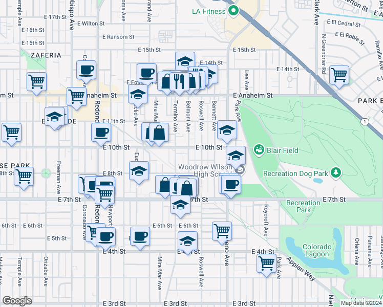 map of restaurants, bars, coffee shops, grocery stores, and more near 924 Belmont Avenue in Long Beach