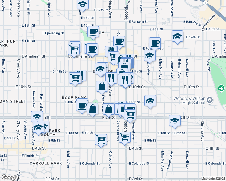 map of restaurants, bars, coffee shops, grocery stores, and more near 915 Obispo Avenue in Long Beach