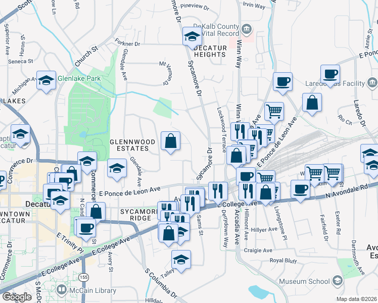 map of restaurants, bars, coffee shops, grocery stores, and more near 216 Hillcrest Avenue in Decatur