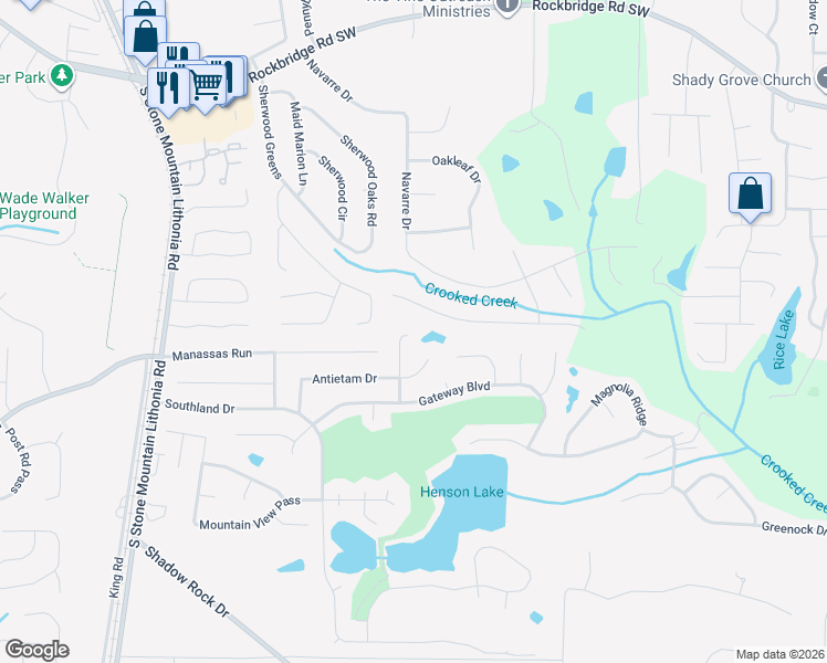 map of restaurants, bars, coffee shops, grocery stores, and more near 591 Gateway Point in Stone Mountain
