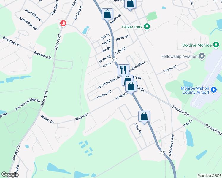 map of restaurants, bars, coffee shops, grocery stores, and more near 206 Douglas Street in Monroe