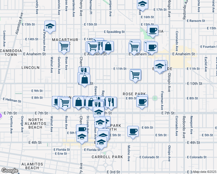 map of restaurants, bars, coffee shops, grocery stores, and more near 916 Raymond Avenue in Long Beach