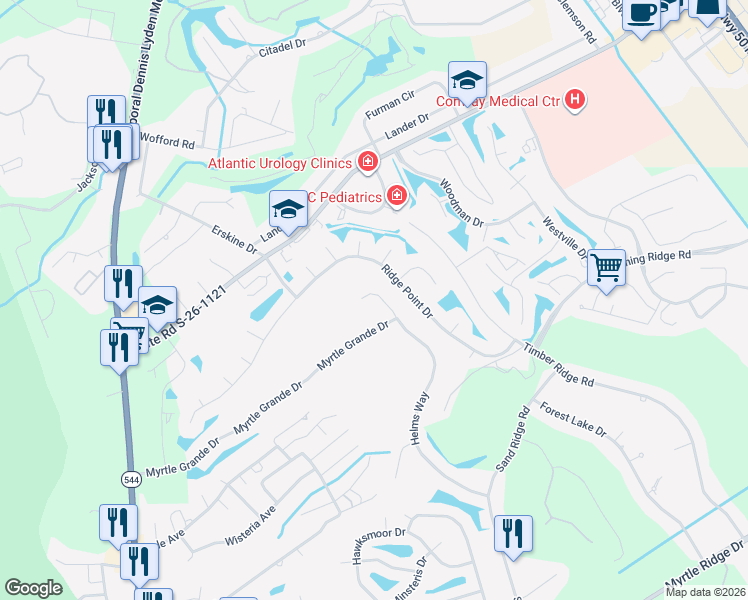 map of restaurants, bars, coffee shops, grocery stores, and more near 911 Helms Way in Conway
