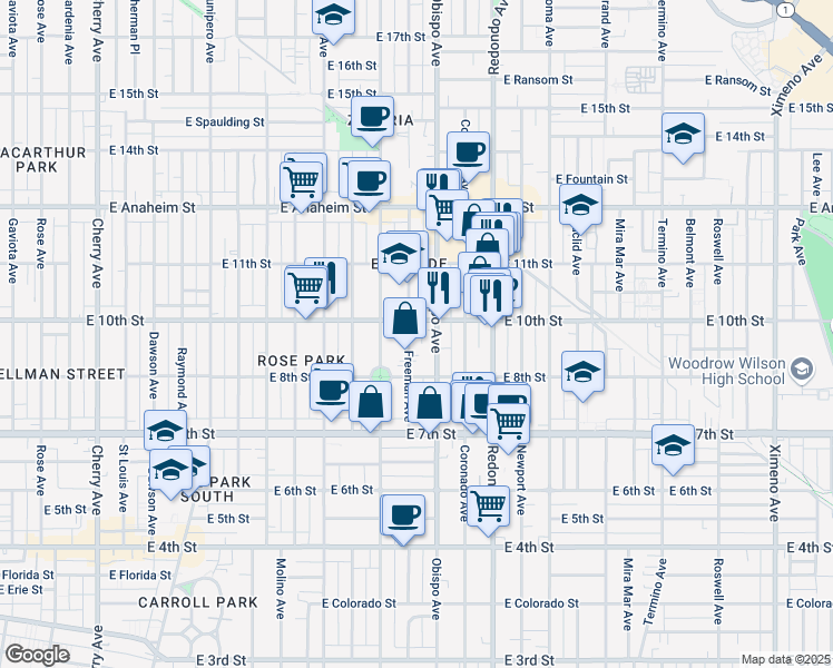 map of restaurants, bars, coffee shops, grocery stores, and more near 924 Freeman Avenue in Long Beach