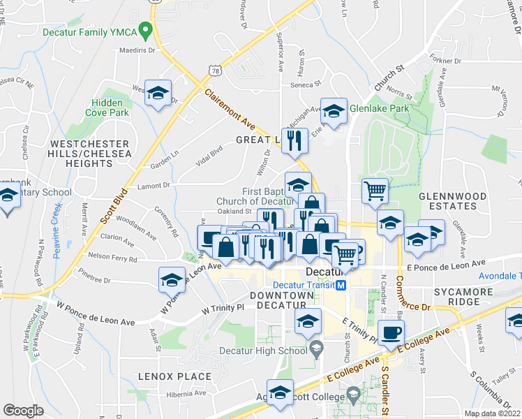 map of restaurants, bars, coffee shops, grocery stores, and more near 402 Ponce De Leon Place in Decatur