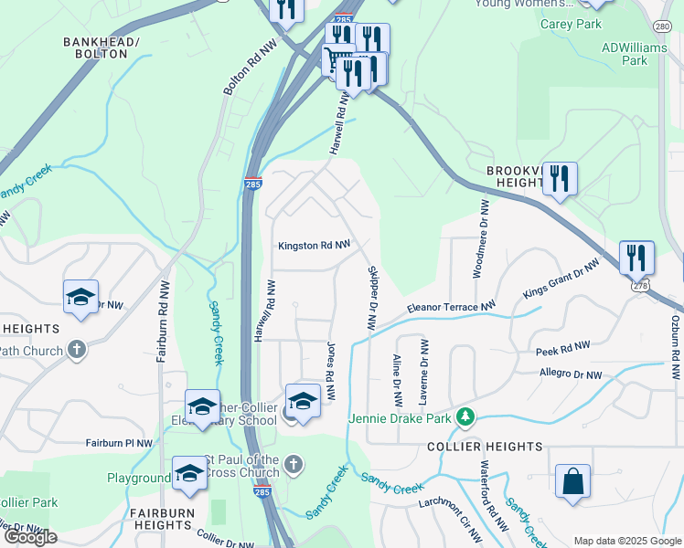 map of restaurants, bars, coffee shops, grocery stores, and more near 2361 Jones Road Northwest in Atlanta